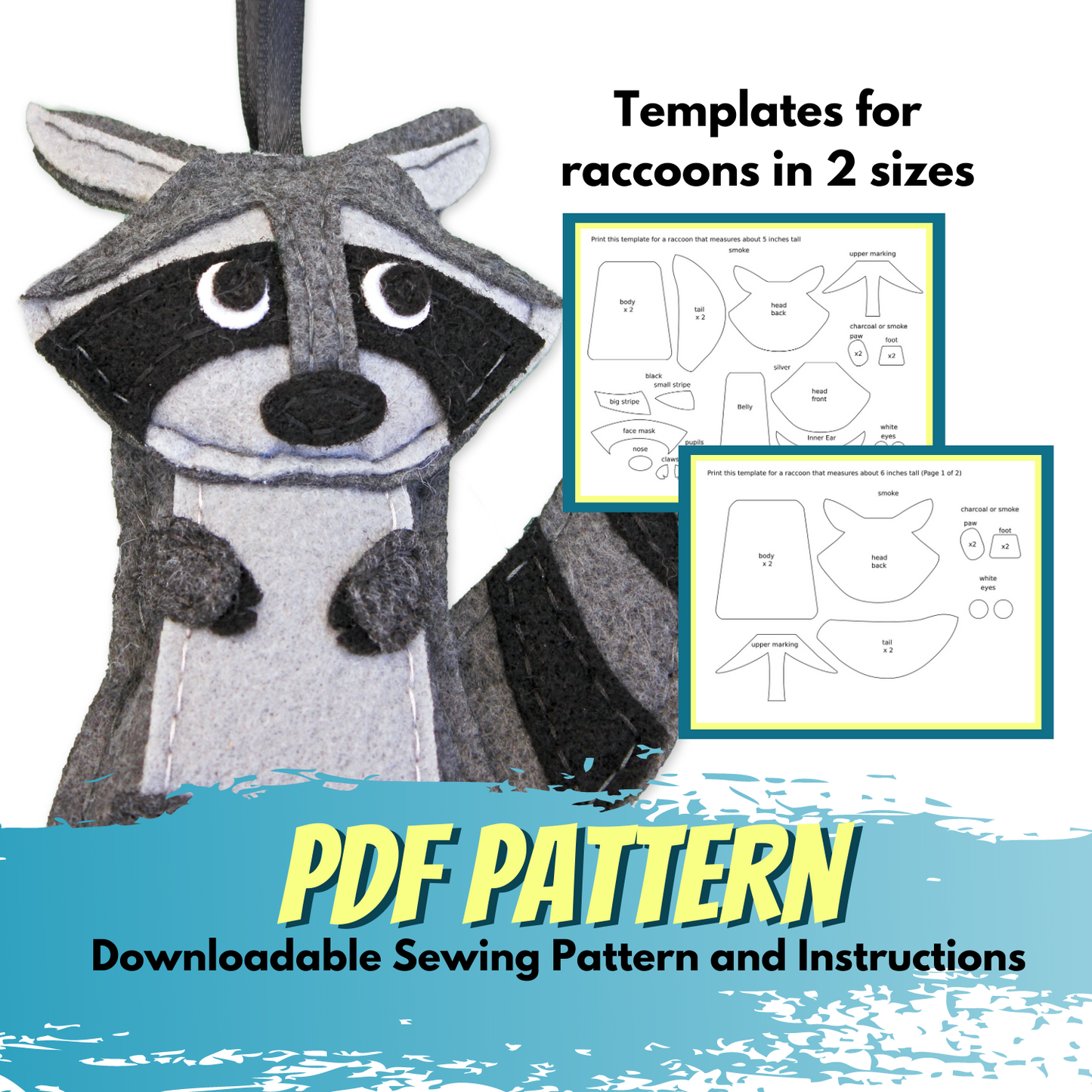 Raccoon - Felt Animal Pattern -  Woodland Christmas Ornament
