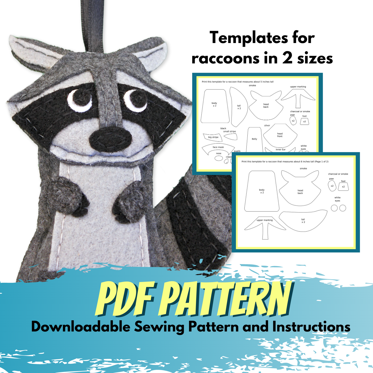 Raccoon - Felt Animal Pattern -  Woodland Christmas Ornament