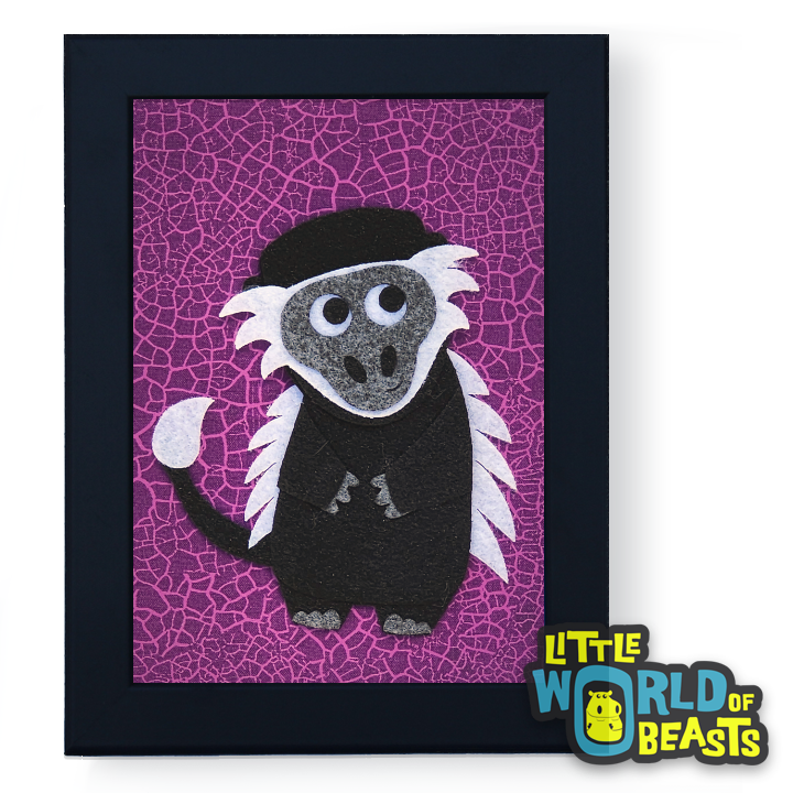 Framed artwork of a cartoon monkey on a purple cracked texture background 